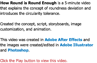 How Round is Round Enough is a 5-minute video that explains the concept of roundness deviation and introduces the circularity tolerance. Created the concept, script, storyboards, image customization, and animation. This video was created in Adobe After Effects and  the images were created/edited in Adobe Illustrator and Photoshop. Click the Play button to view this video.