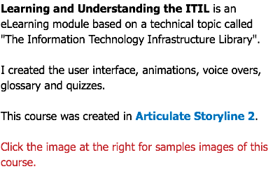 Learning and Understanding the ITIL is an eLearning module based on a technical topic called  "The Information Technology Infrastructure Library". I created the user interface, animations, voice overs, glossary and quizzes. This course was created in Articulate Storyline 2. Click the image at the right for samples images of this course.